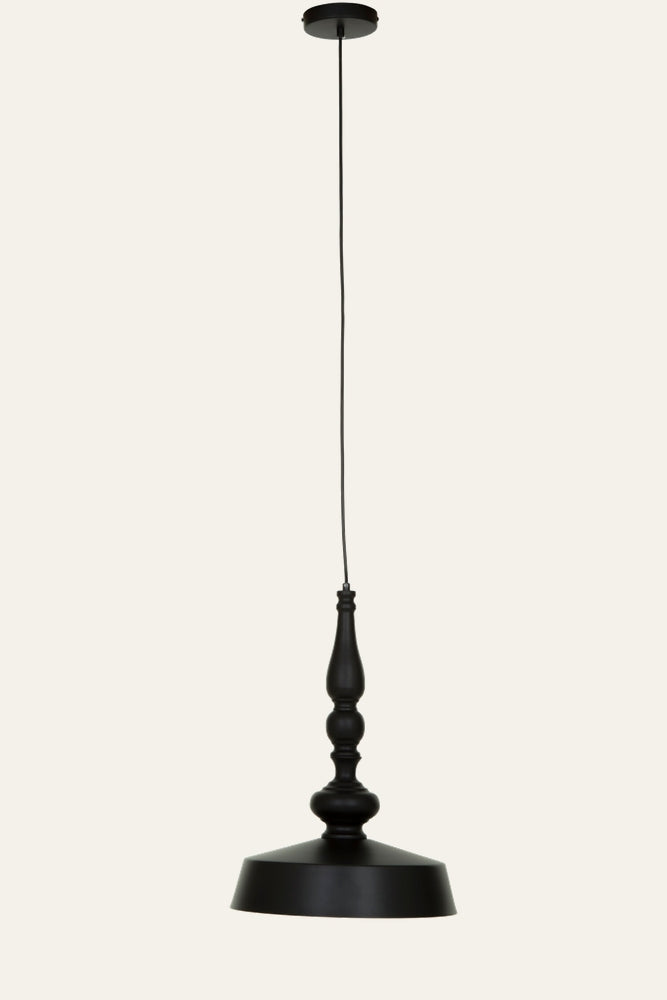 Mavren Black Gold Pendant Light with turned spindle-style black metal stem and wide matte black conical shade suspended from a slim black cord
