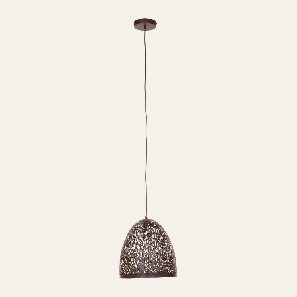 Mavren Black Pendant Light with dome-shaped perforated black metal shade, hanging black cord and round ceiling canopy