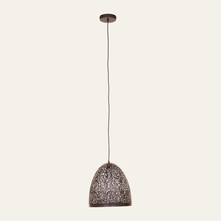 Mavren Black Pendant Light with dome-shaped perforated black metal shade, hanging black cord and round ceiling canopy