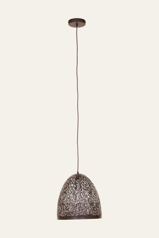 Mavren Black Pendant Light – dome-shaped black metal pendant with intricate cutout pattern, suspended from a round ceiling canopy