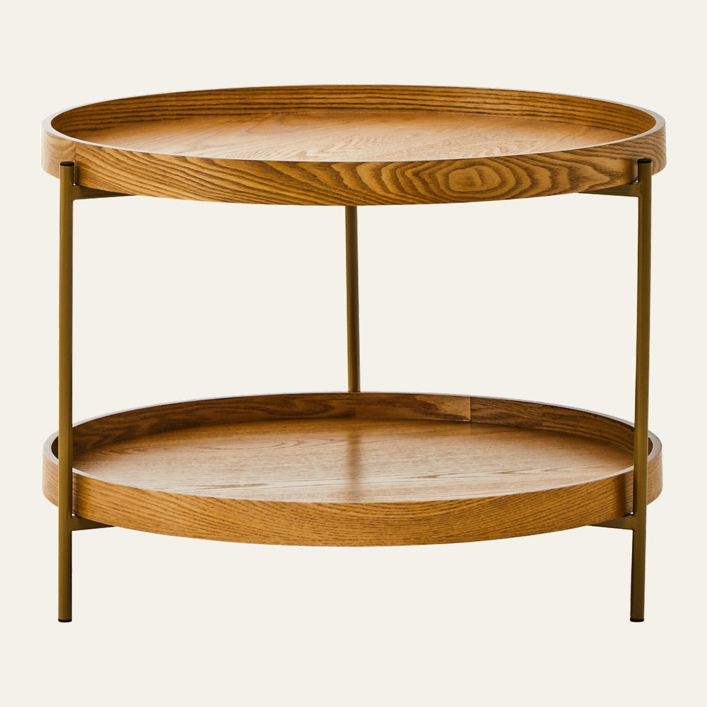 Mirel Two Tier Side Table, round two-tier design with raised wooden tray tops showing natural wood grain and slim warm gold metal legs.