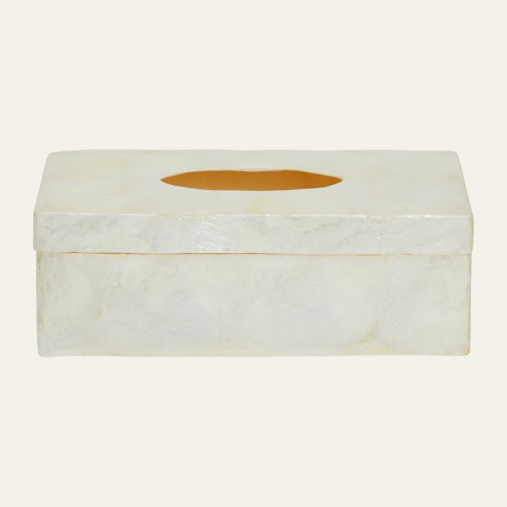 Mirelle Box rectangular white pearlescent box with oval opening on top