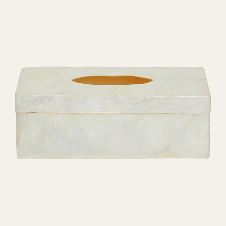 Mirelle Box rectangular white pearlescent box with oval opening on top