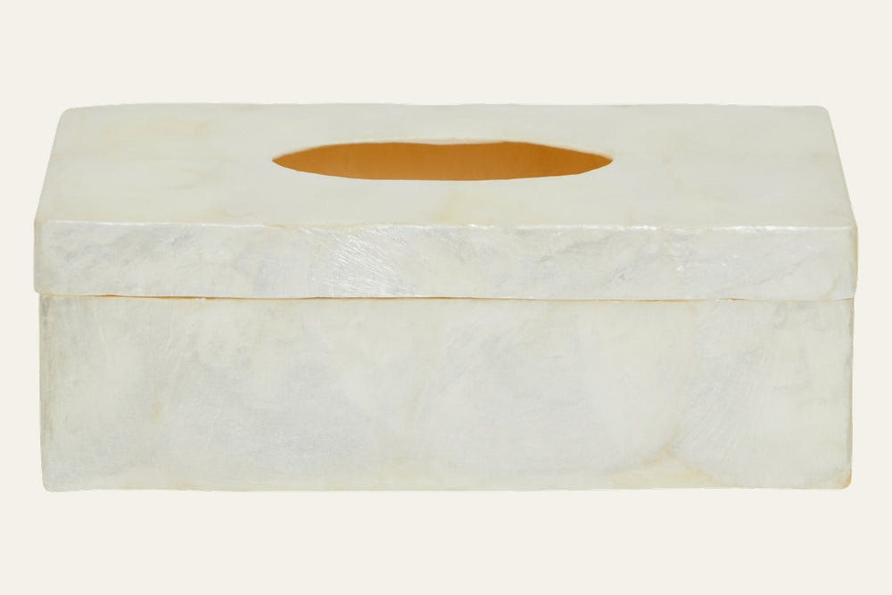 Mirelle Box rectangular cream tissue box cover with oval top opening and pearlescent marbled finish