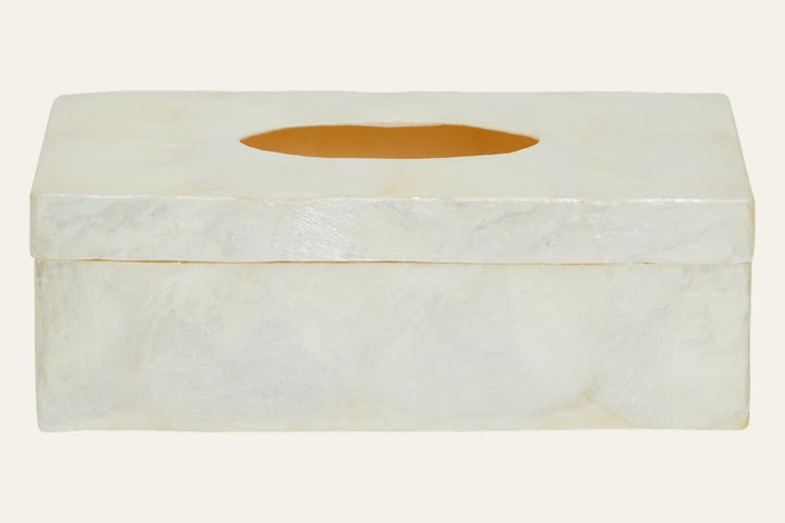 Mirelle Box rectangular cream tissue box cover with oval top opening and pearlescent marbled finish
