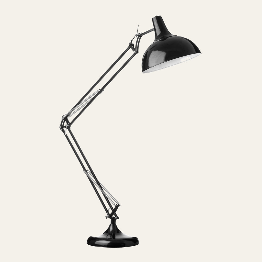 Neraya Metal Floor Lamp with black glossy metal dome shade, adjustable articulated arm with visible chrome springs and round weighted base