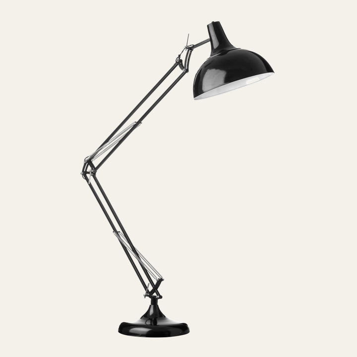 Neraya Metal Floor Lamp with black glossy metal dome shade, adjustable articulated arm with visible chrome springs and round weighted base
