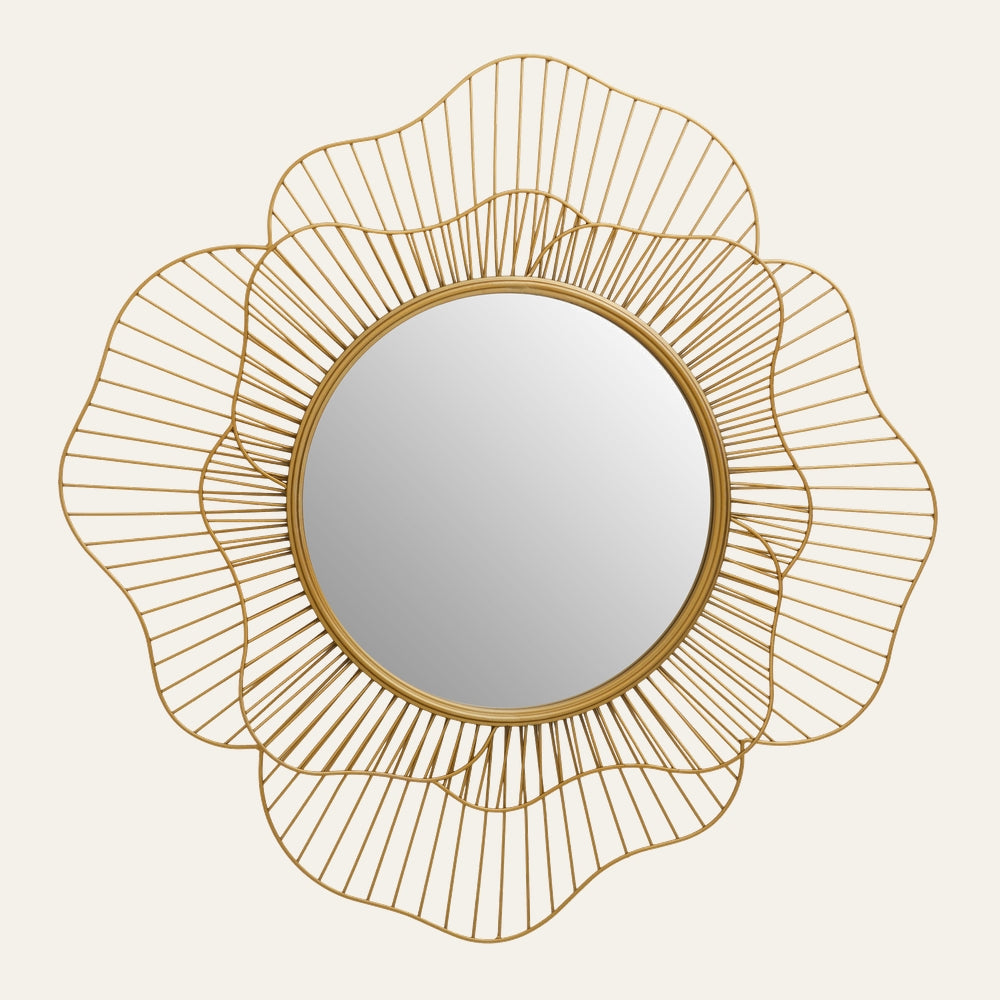 Neris Flower Wall Mirror — round central mirror with layered gold metal wire petals forming a flower-shaped frame, gold finish
