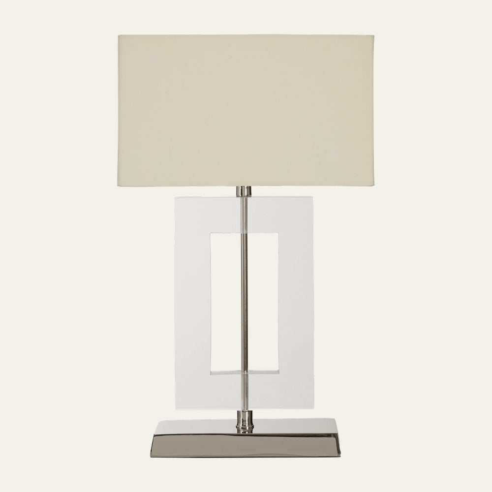 Olivra Fabric Table Lamp with rectangular beige fabric shade, clear rectangular acrylic open-frame body, central chrome rod and polished chrome rectangular base.