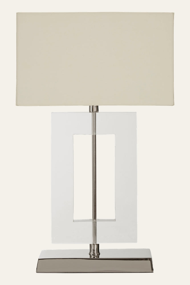 Olivra Fabric Table Lamp with rectangular beige fabric shade, clear rectangular acrylic open-center body, and polished chrome base and central rod
