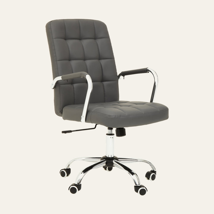 Oren Chrome Desk Chair — gray tufted padded upholstered seat and back with chrome armrests and chrome five-star base on casters, height adjustment lever visible