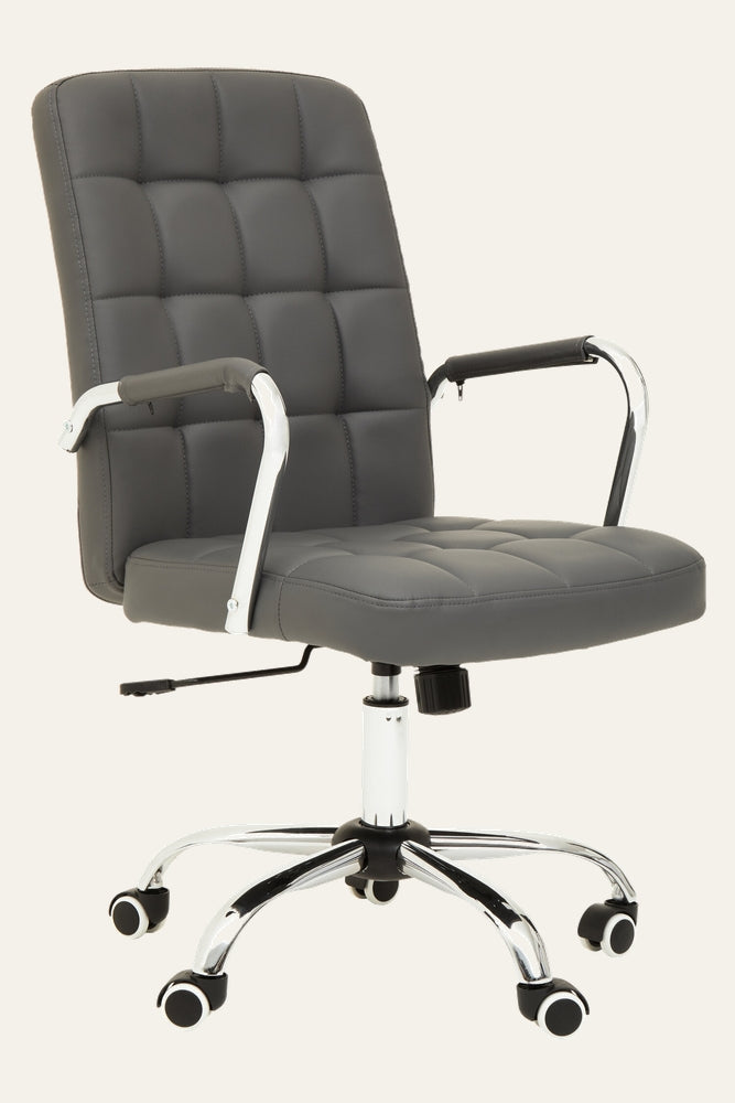 Oren Chrome Desk Chair — gray tufted upholstered seat and back with chrome armrests and five-star chrome base on casters, black padded arm caps and visible height-adjustment lever and knob.