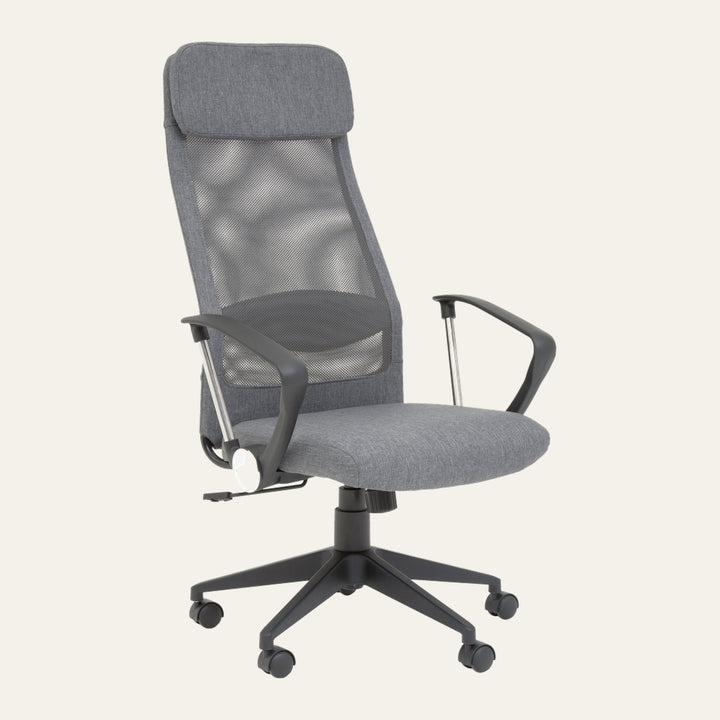 Oren High Back Desk Chair with high-back grey mesh back, padded grey fabric headrest and seat, black plastic armrests with chrome supports, and black five-star wheeled base