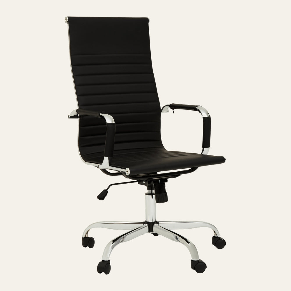 Oren High Back Desk Chair with black ribbed upholstery, chrome frame and padded armrests, five-star chrome base with casters and height adjustment lever.