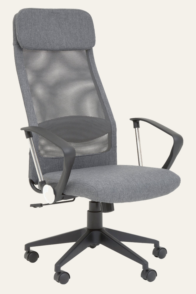 Oren High Back Desk Chair — grey fabric seat and padded headrest, breathable mesh high back, black plastic armrests with chrome supports and a black five-star caster base