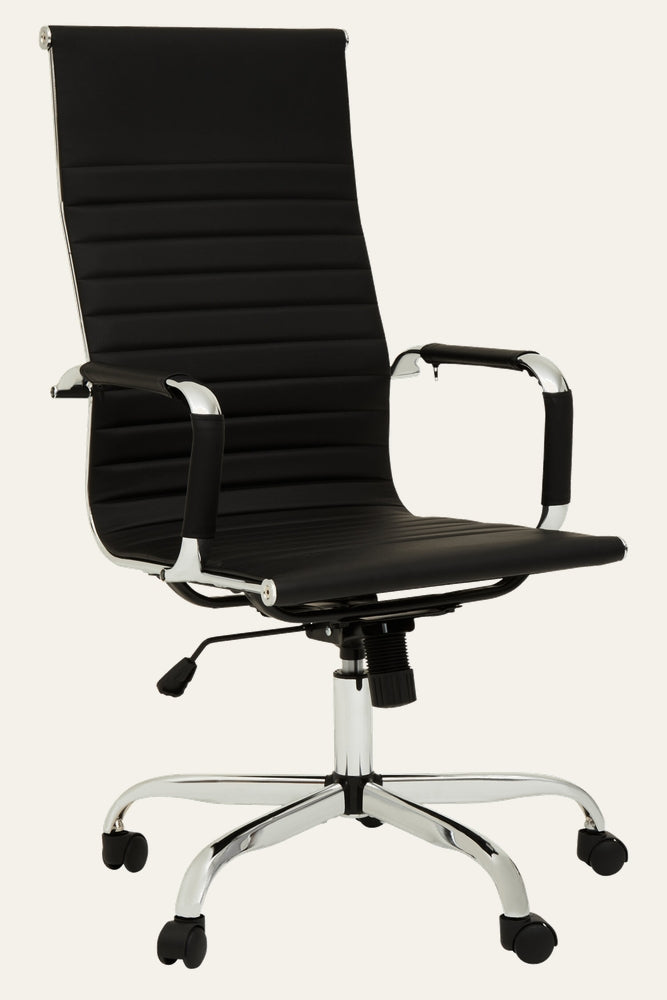 Oren High Back Desk Chair with tall black ribbed upholstery, chrome frame and five-star chrome base on caster wheels, padded armrests and height-adjustment lever.