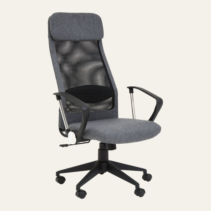 Oren Mesh Desk Chair with tall grey fabric headrest and seat, black mesh back with lumbar support, black curved armrests on chrome posts and black five-star caster base with casters.