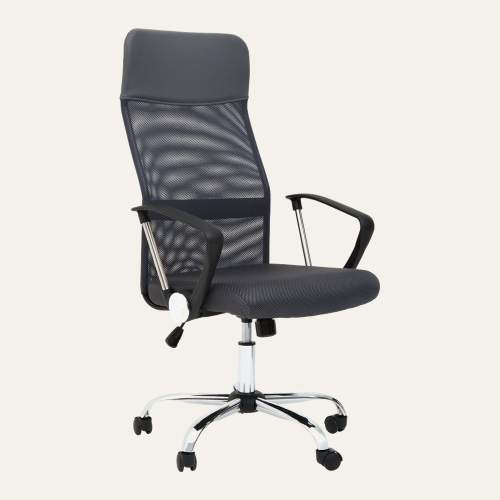 Oren Mesh Desk Chair — high-back grey mesh seat and back with padded grey headrest, black plastic armrests with chrome supports, chrome five-star base with casters and visible height-adjustment lever