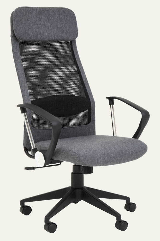 Oren Mesh Desk Chair — high-back grey fabric seat and headrest, black mesh back with built-in lumbar support, black plastic armrests with chrome supports, black five-star caster base.