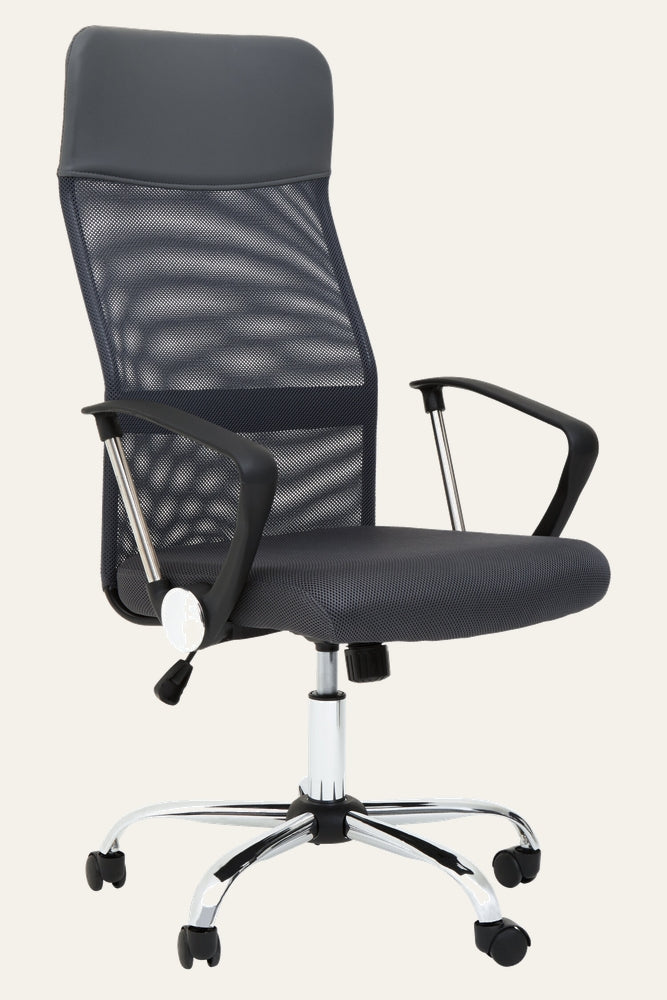 Oren Mesh Desk Chair with dark gray mesh seat and high mesh back, padded headrest, black plastic armrests with chrome supports, and a chrome five-star base with caster wheels.
