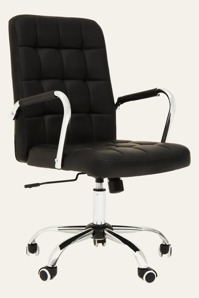 Oren Tufted Desk Chair with padded black tufted upholstery, chrome curved armrests with black arm pads, chrome five-star base with caster wheels and visible height-adjustment lever