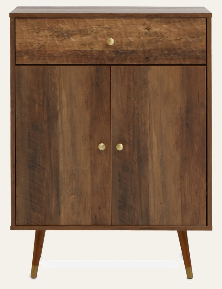 Orena Door Drawer Cabinet — mid-century wood cabinet with one top drawer over double doors, warm walnut finish, round brass knobs and tapered legs with brass caps