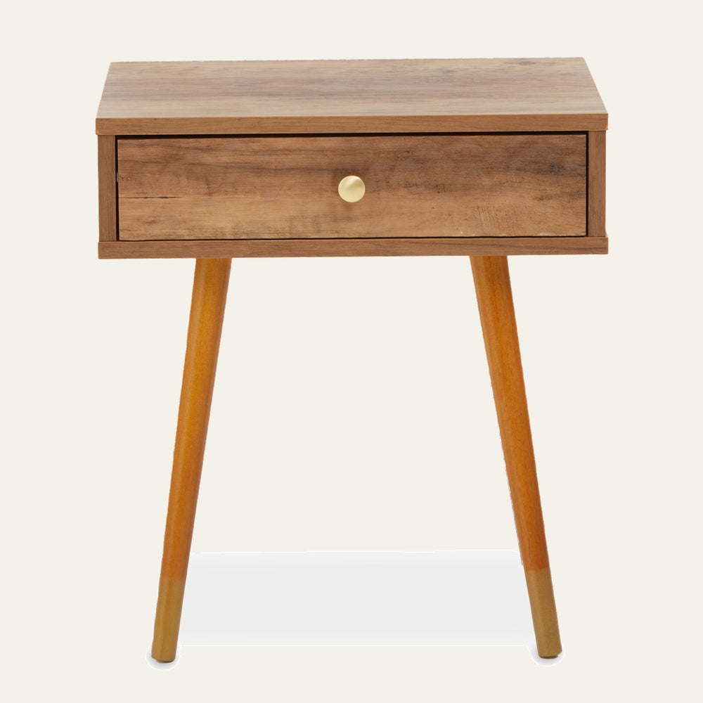 Orena One Drawer Bedside Table — single-drawer wooden bedside table with warm natural wood grain, round brass knob and tapered legs with gold-dipped tips