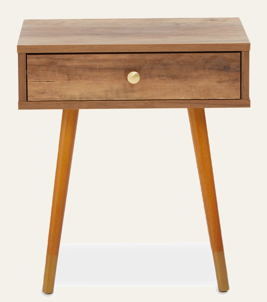 Orena One Drawer Bedside Table with single drawer in warm natural wood finish, round brass knob and tapered legs with gold-dipped tips