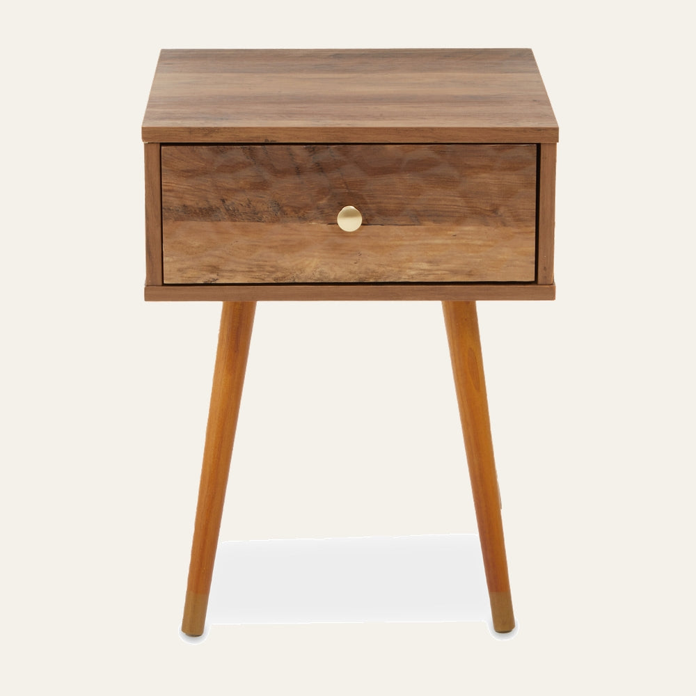 Orena One Drawer Side Table in natural wood grain finish, rectangular top with one front drawer and round gold knob, mid-century tapered legs with gold-tone tips