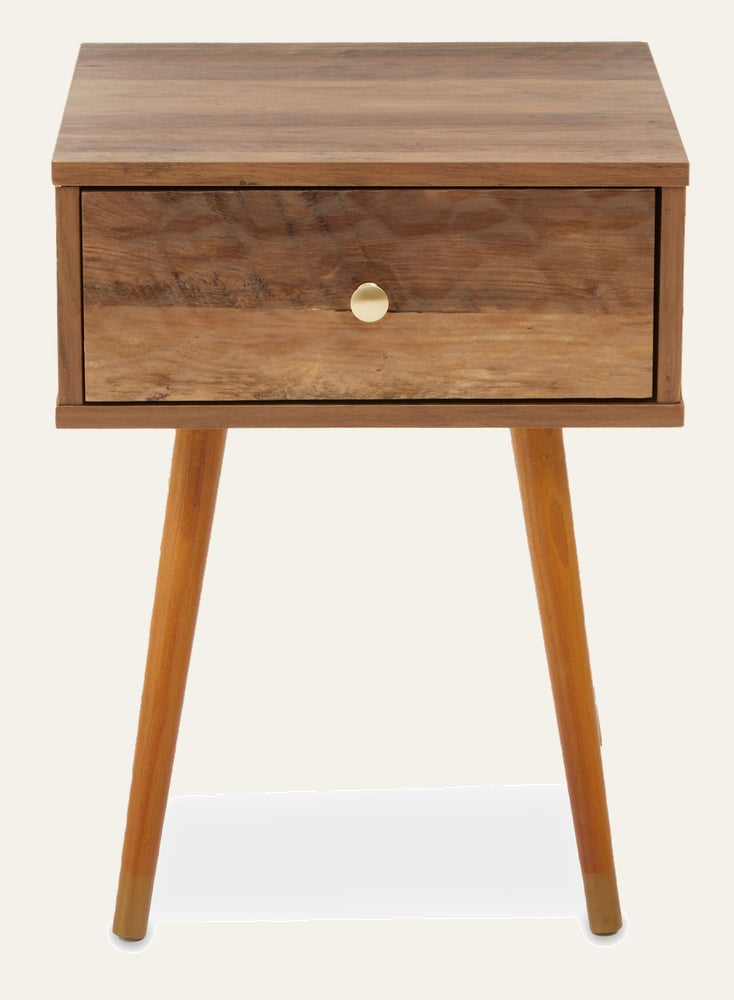 Orena One Drawer Side Table with single wood-grain drawer, round gold knob, rectangular top and tapered natural wood legs