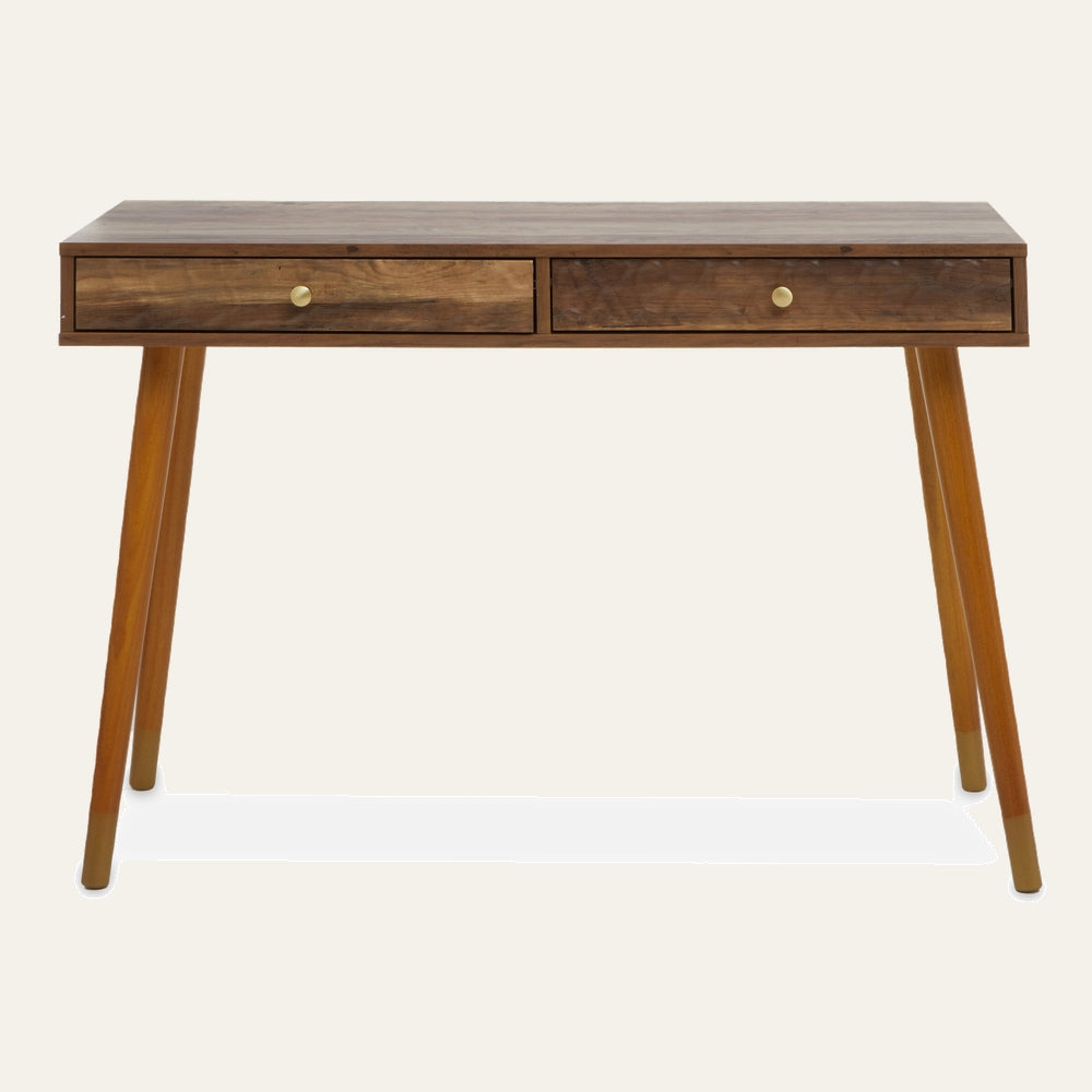 Orena Wood Console Table with two drawers, natural wood finish top and drawer fronts, round brass knobs and angled tapered wood legs with brass-colored caps.