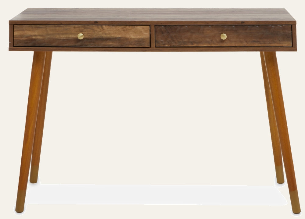 Orena Wood Console Table with rectangular warm-brown wood top, two front drawers with round brass knobs, and angled tapered wooden legs with brass-capped feet.