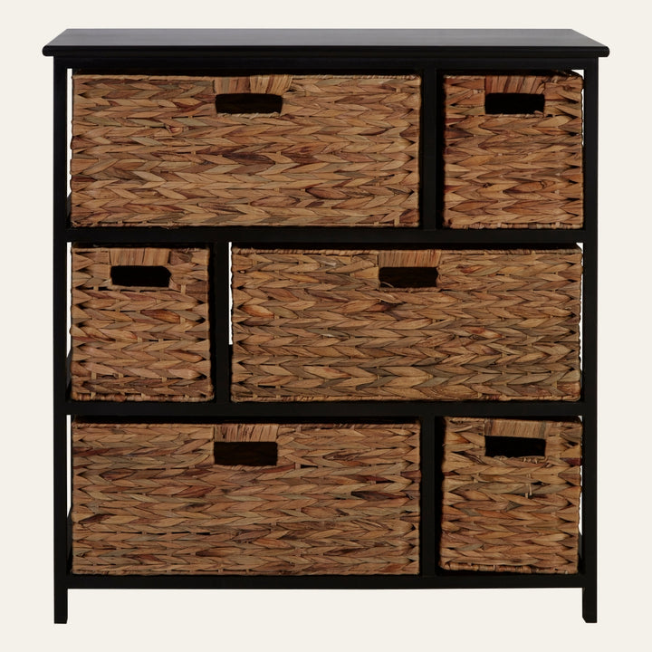 Orin Storage Unit with black wood frame and six woven natural-fiber drawers in varying sizes, rectangular silhouette.