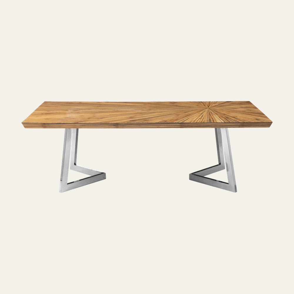Orlina Bamboo Coffee Table — rectangular bamboo top with radial sunburst pattern and layered edge, on angular polished silver metal legs