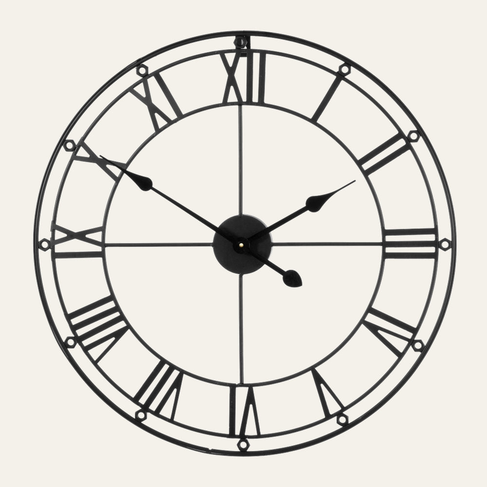Oskar Metal Wall Clock: round open-face black metal clock with Roman numerals, thin cross spokes and decorative black hour and minute hands