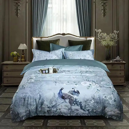 Bedding set with peacock design in a bedroom setting