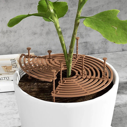 Decorative plant pot with a brown maze-like design on top, containing a green plant.