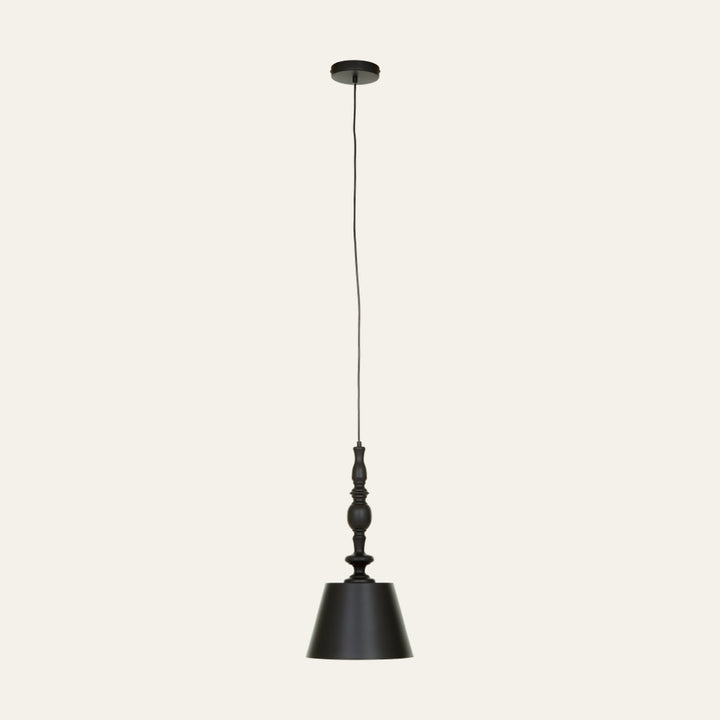 Pryor Matte Pendant Light — matte black pendant with round ceiling canopy, long black cord, turned decorative stem and tapered conical shade.