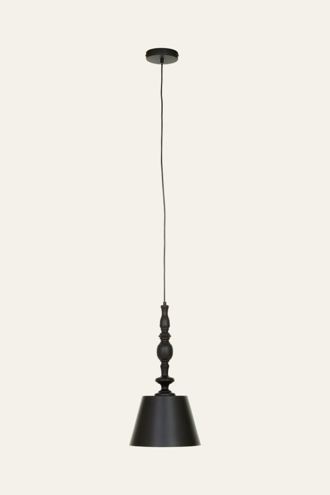Pryor Matte Pendant Light with matte black metal conical shade, turned spindle-style stem, long black cord and round ceiling canopy