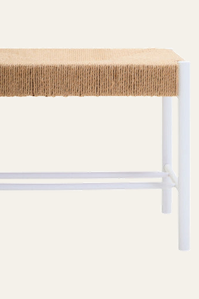 Quildor Open Frame Bench with natural woven seat and white metal open-frame legs