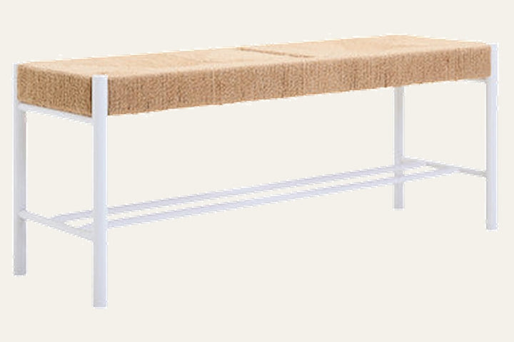 Quildor Open Frame Bench with beige woven cushion on a white open metal frame