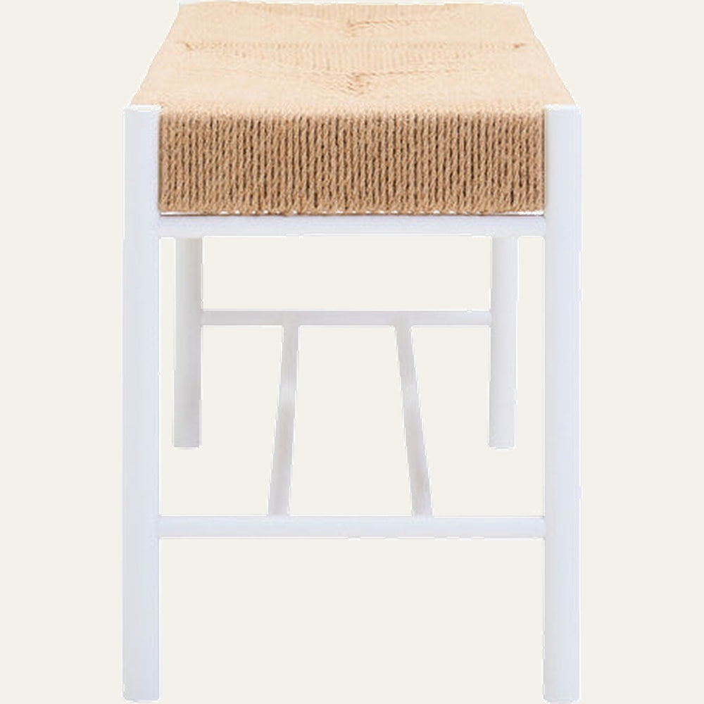 Quildor Open Frame Bench with rectangular woven natural fiber (jute) tan seat and white open metal frame, front view