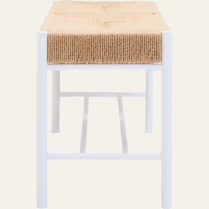 Quildor Open Frame Bench with rectangular woven natural fiber (jute) tan seat and white open metal frame, front view