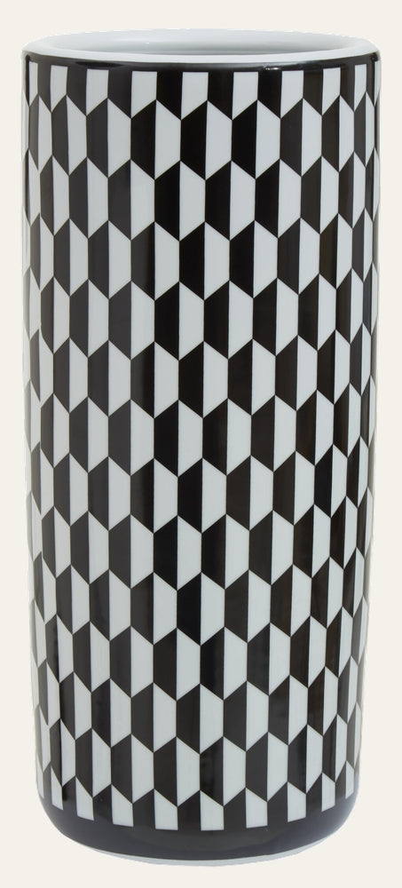 Quorin Black & White Coat & Umbrella Stand — tall cylindrical open-top stand with glossy black-and-white geometric cube pattern