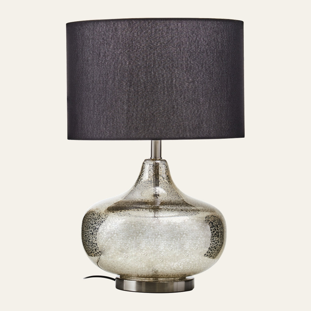 Ronan Glass Shade Table Lamp with dark gray fabric drum shade, bulbous crackled mercury-glass base and brushed metal round base