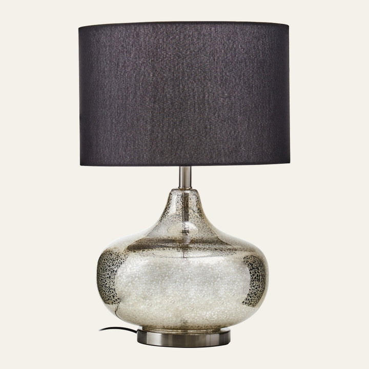 Ronan Glass Shade Table Lamp with dark gray fabric drum shade, bulbous crackled mercury-glass base and brushed metal round base