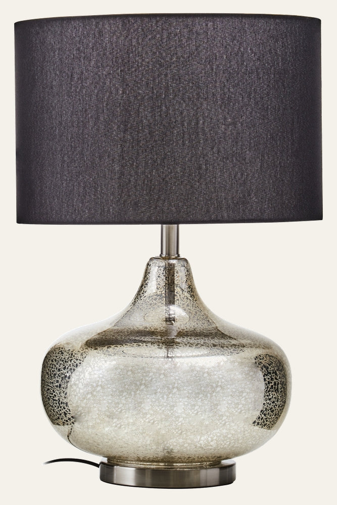 Ronan Glass Shade Table Lamp — rounded crackled silver glass base with brushed nickel foot and neck, topped by a charcoal fabric drum shade