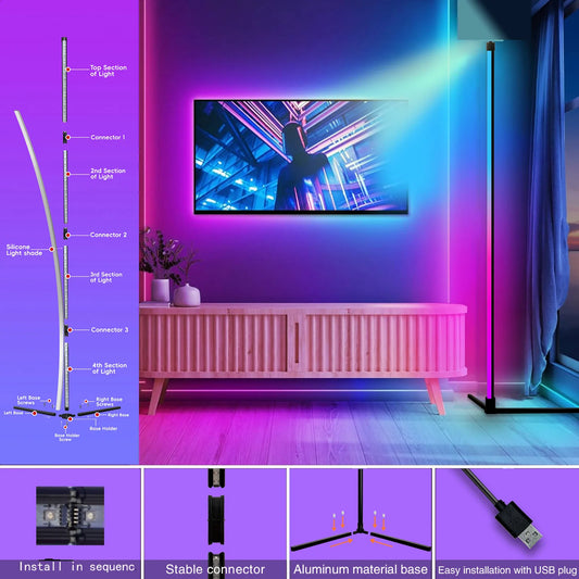 Neon light strip setup on a wall with a TV, showing installation diagram and product features.