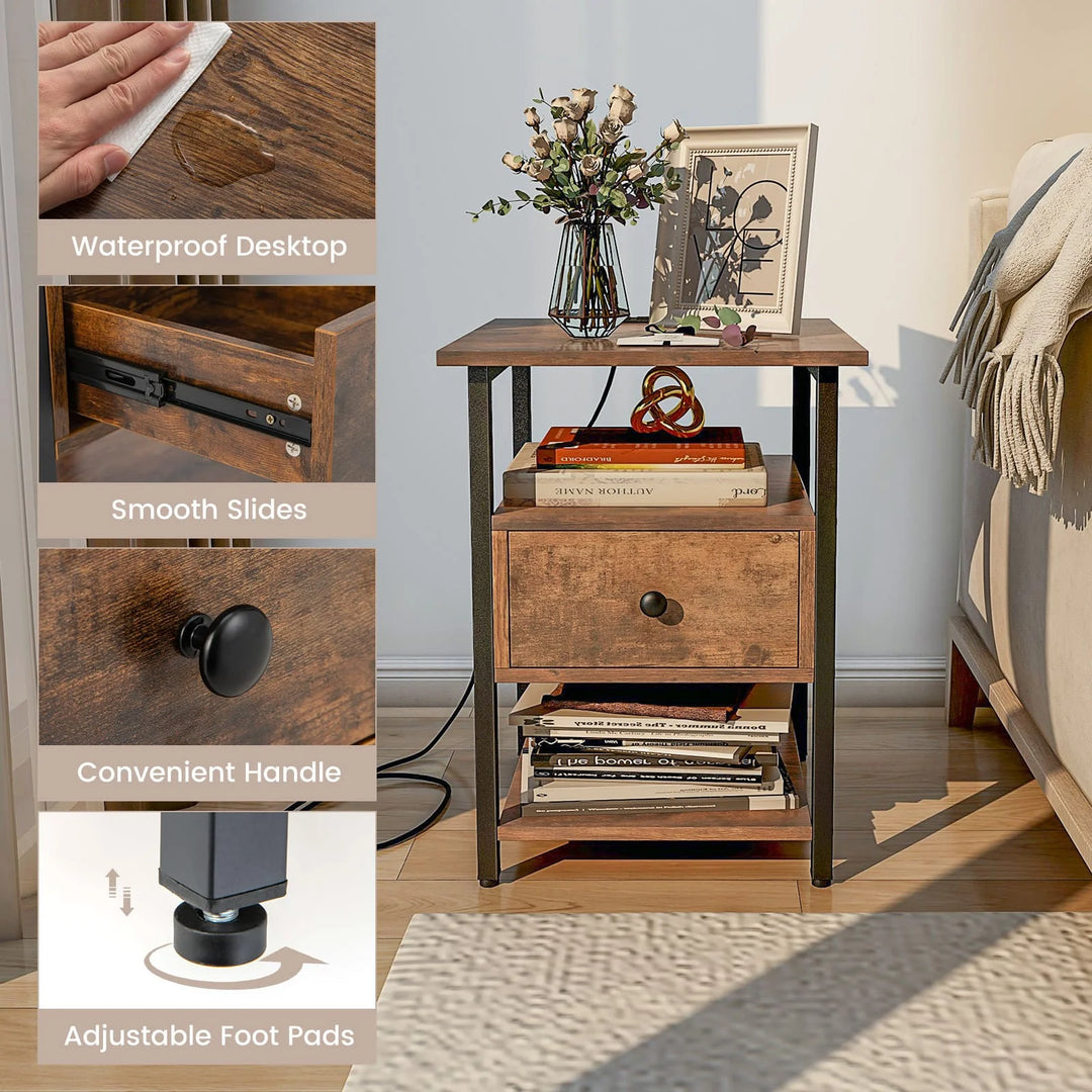 3-Tier Nightstand with Charging Station