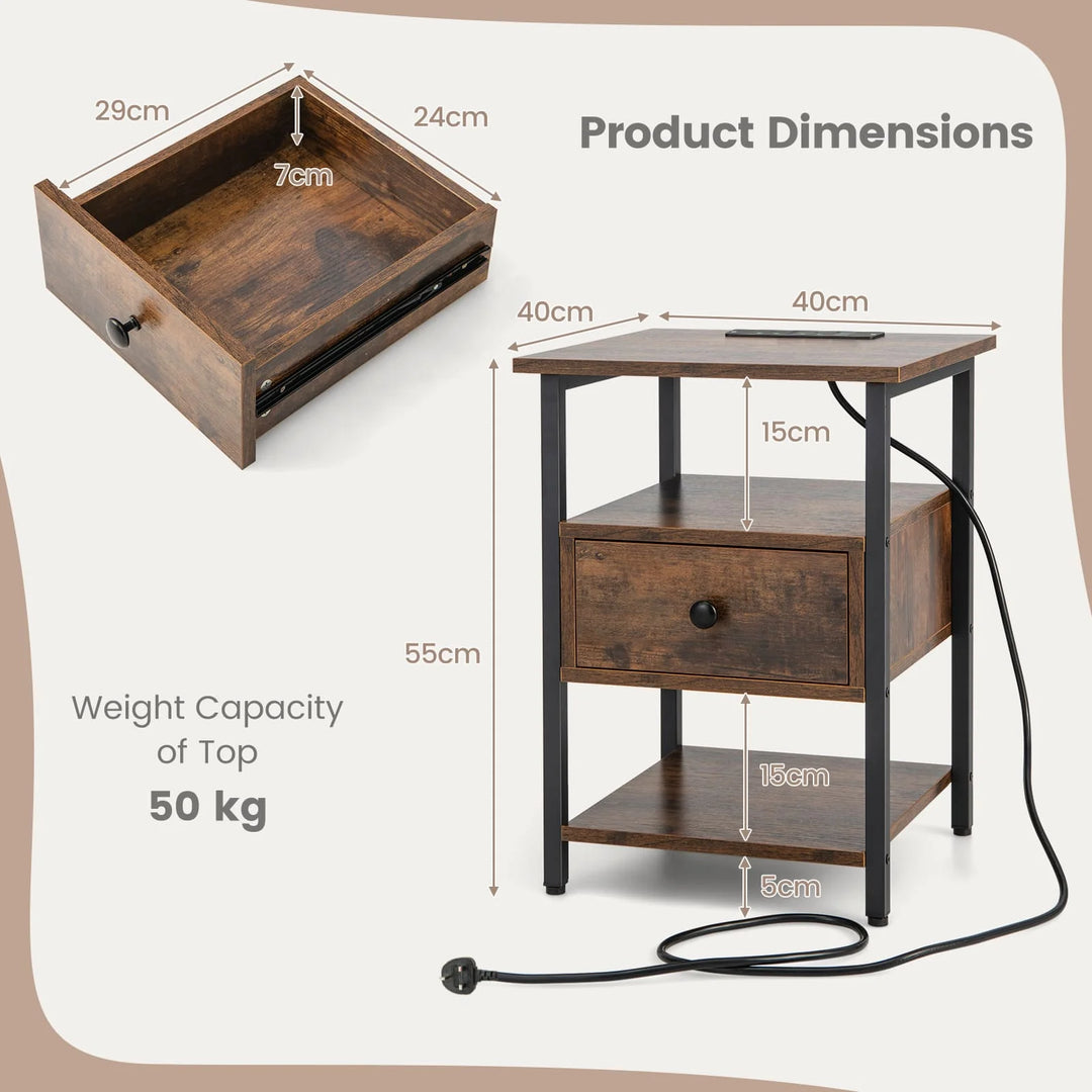3-Tier Nightstand with Charging Station